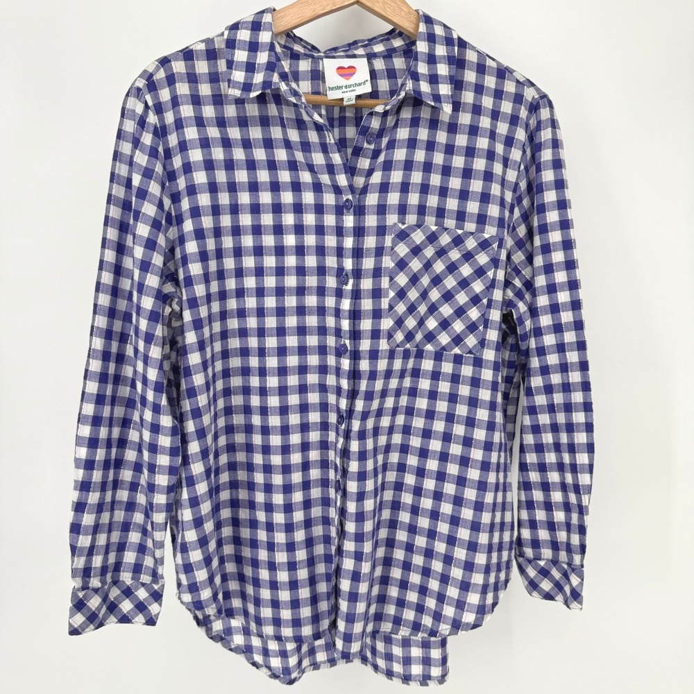Hester & Orchard‎ Gingham Button Down Shirt Womens M Purple Lurex Sparkle Top